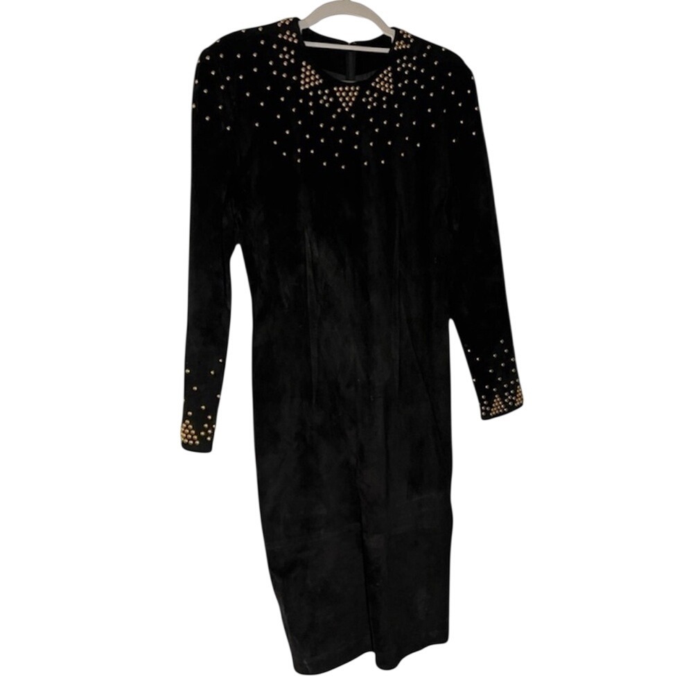 Pia Rucci Black Suede Cocktail Dress -‎ Gold Studded Modern Sheath